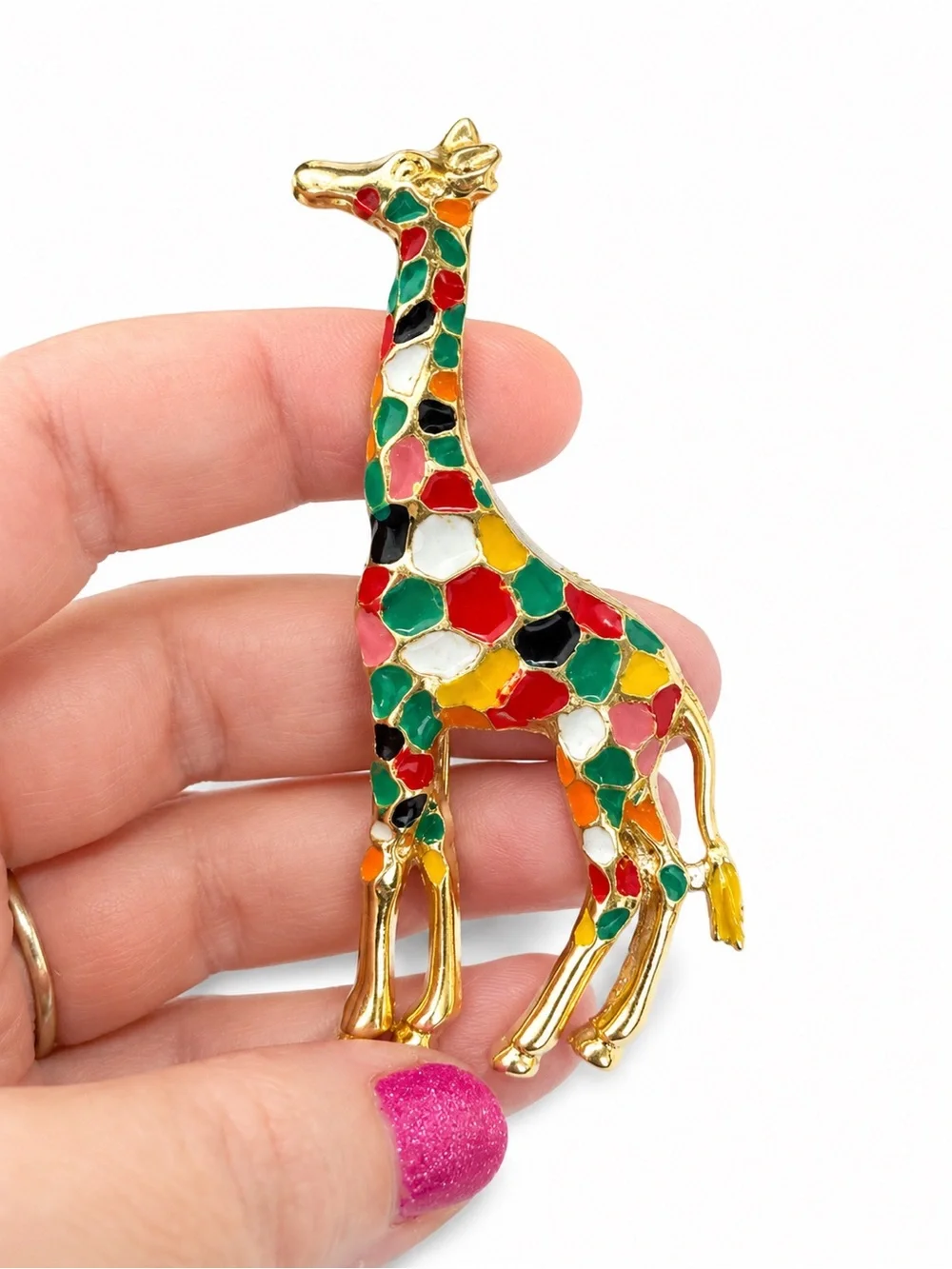 Colorful Enamel Giraffe Brooch – Gold Tone Statement Pin – Whimsical
